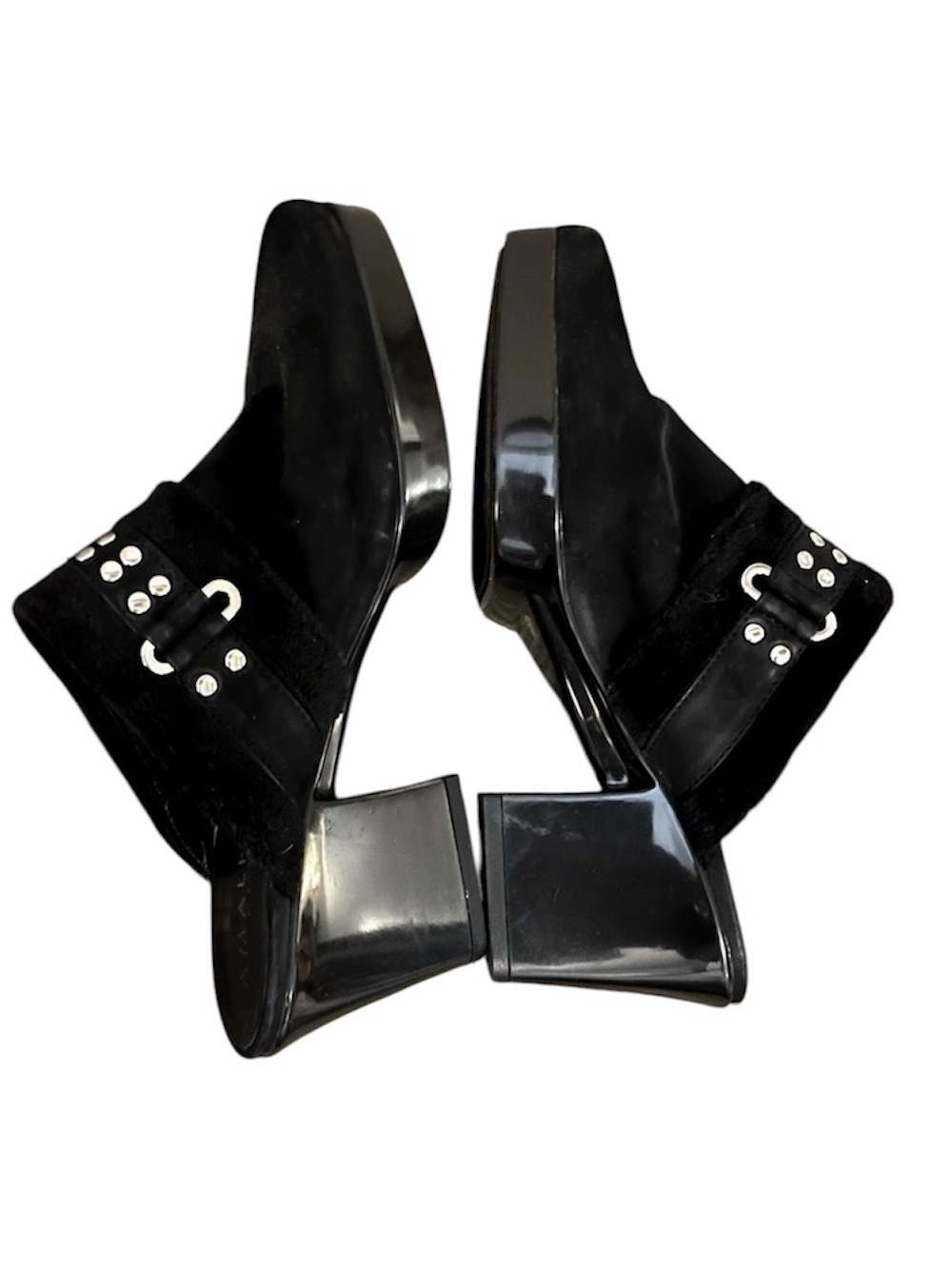 Amalfi Rangoni Black Leather Faux Fur Studded Platform Mule Clog Heel Booties 7